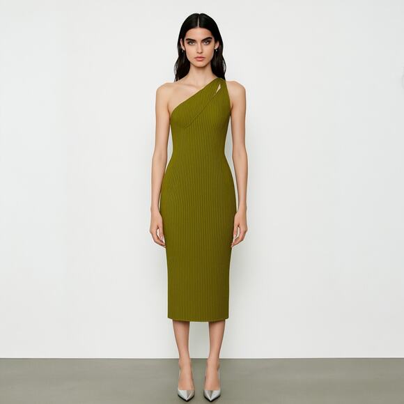 Zara Green Rib Knit Sleeveless Asymmetric One Shoulder Midi Bodycon Dress Sz S - Picture 1 of 5